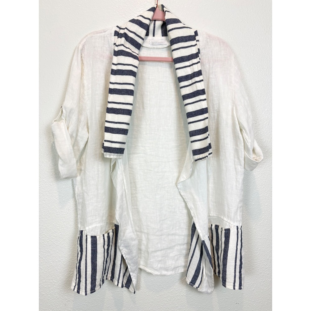 Made in Italy Women 100% Linen Cardigan White Navy Stripe Coastal Lagenlook